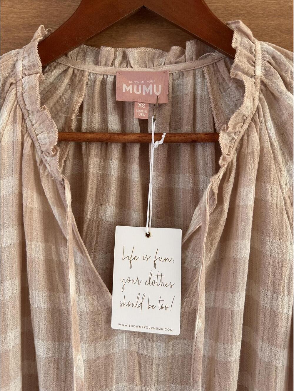 NWT Show Me Your MuMu Viola Plaid Bell Sleeve Mini Dress Beige/ Cream Women’s XS - Picture 6 of 15